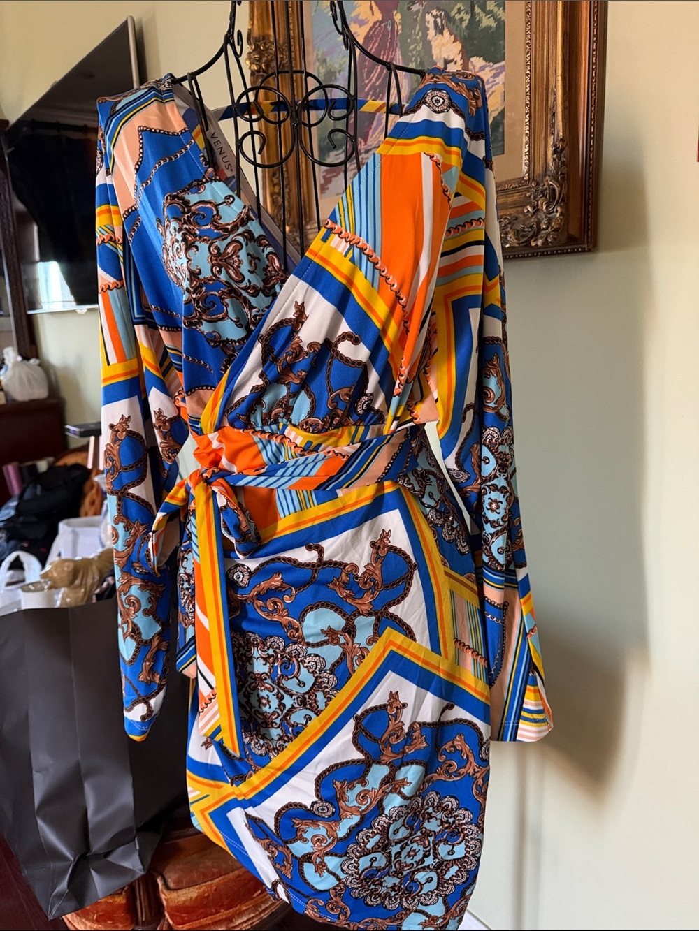 VENUS Blue, Orange & Yellow Printed Wrap Midi Dress